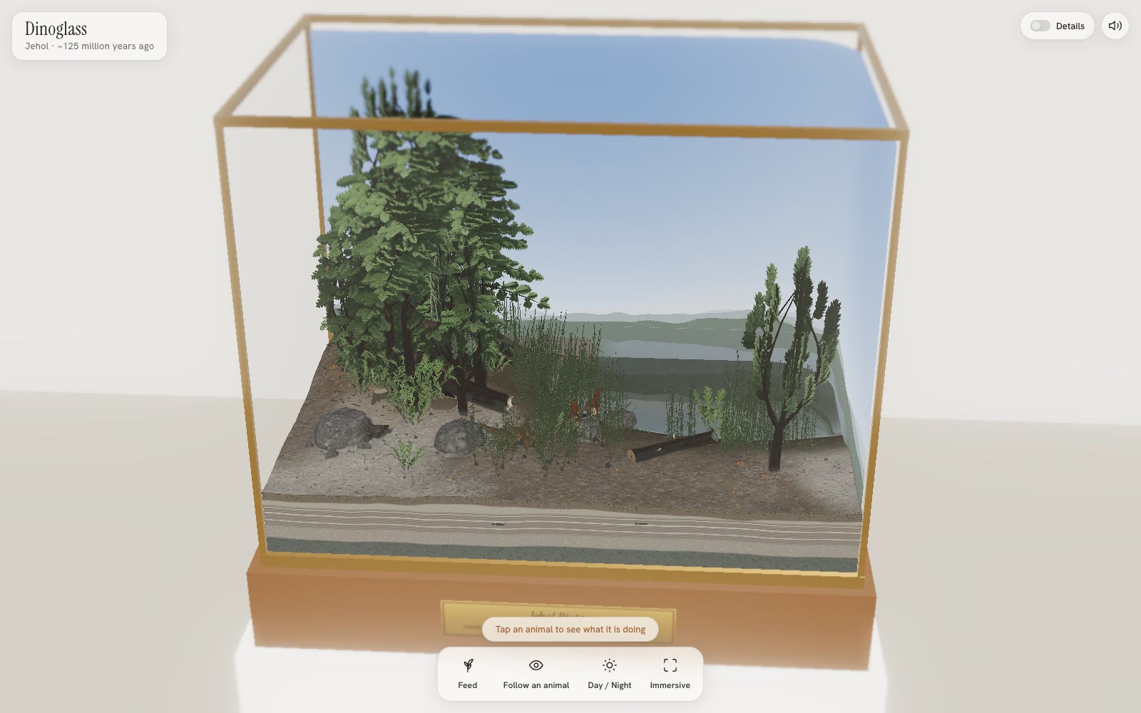 The Dinoglass case at midday: a conifer and ginkgo knoll, grey boulders and logs on ash-coloured ground, horsetails, and a shallow lake running back to hazy volcanic hills.
